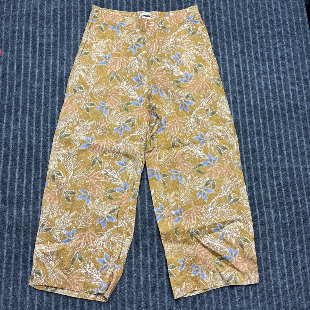Cynthia Rowley Womens Linen Wide Leg Pants Size M Yellow Tropical Leaf Print